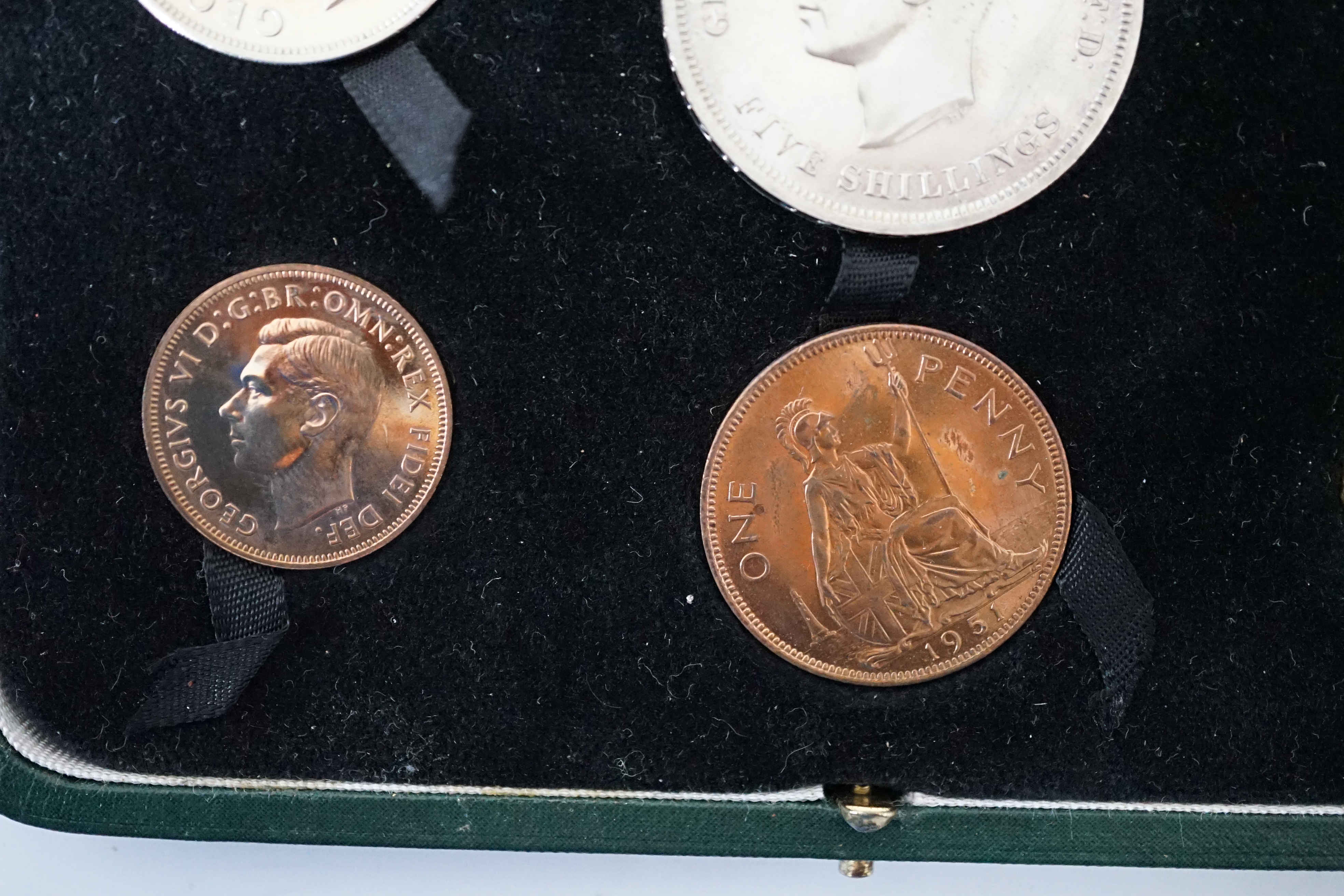 British proof coins, 1951 George VI Festival of Britain proof 10 coin set, crown to farthing, in deluxe case of issue, together with a Festival of Britain program and various promotional photographs
